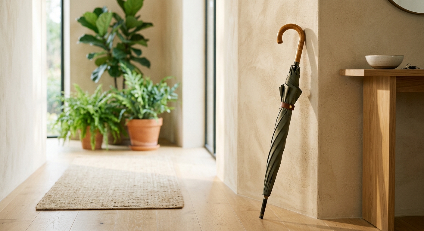 A reliable forest-green umbrella with a wooden handle resting against a sunlit sand-plaster wall in a calm home entryway
